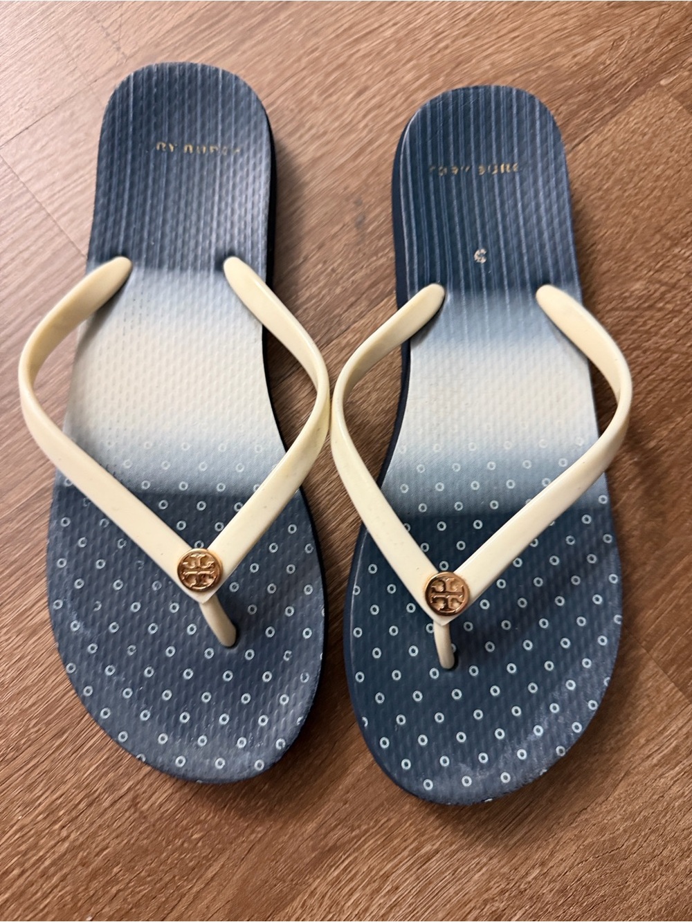 Tory Burch Cream and Navy Logo Flip Flops 9